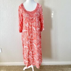 Patio Casuals Cabernet Dress Small Coral Floral Beaded Neck Muumuu Midi Pockets